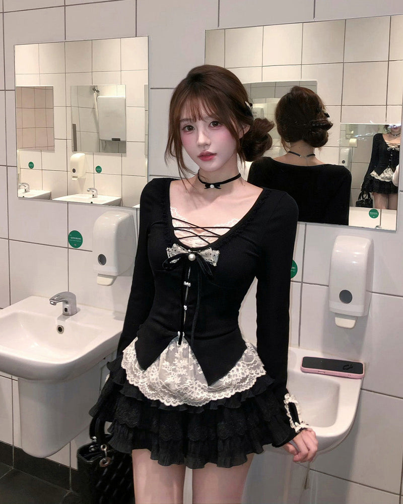 かわいくて無邪気なブラックフェイクツーピース下着トップス女性用、オータムレース、ホットガール、ケーキドレス、ツーピーススーツ NOCTONE